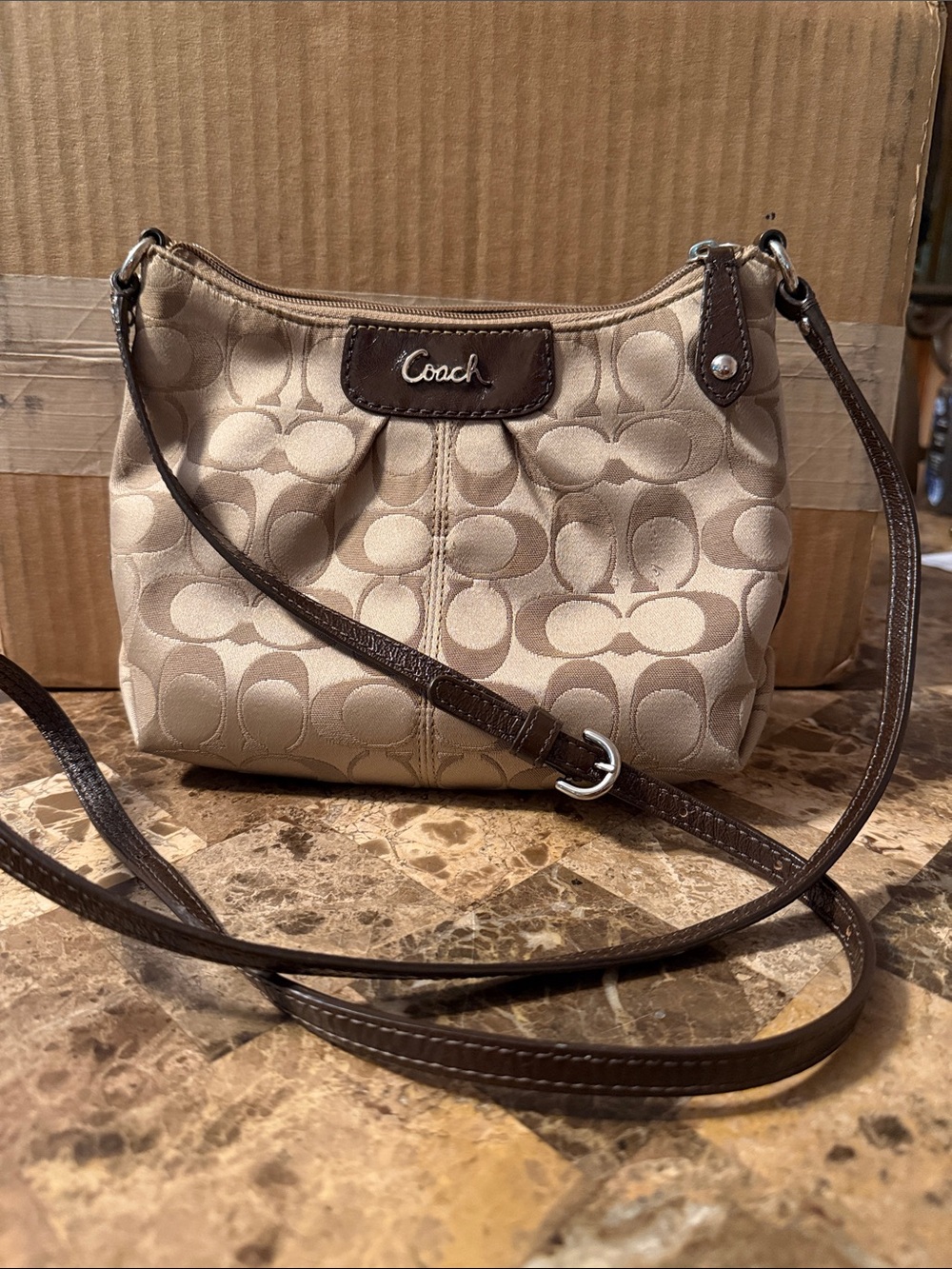 Coach Beige Signature Canvas Crossbody with Brown Leather Trim